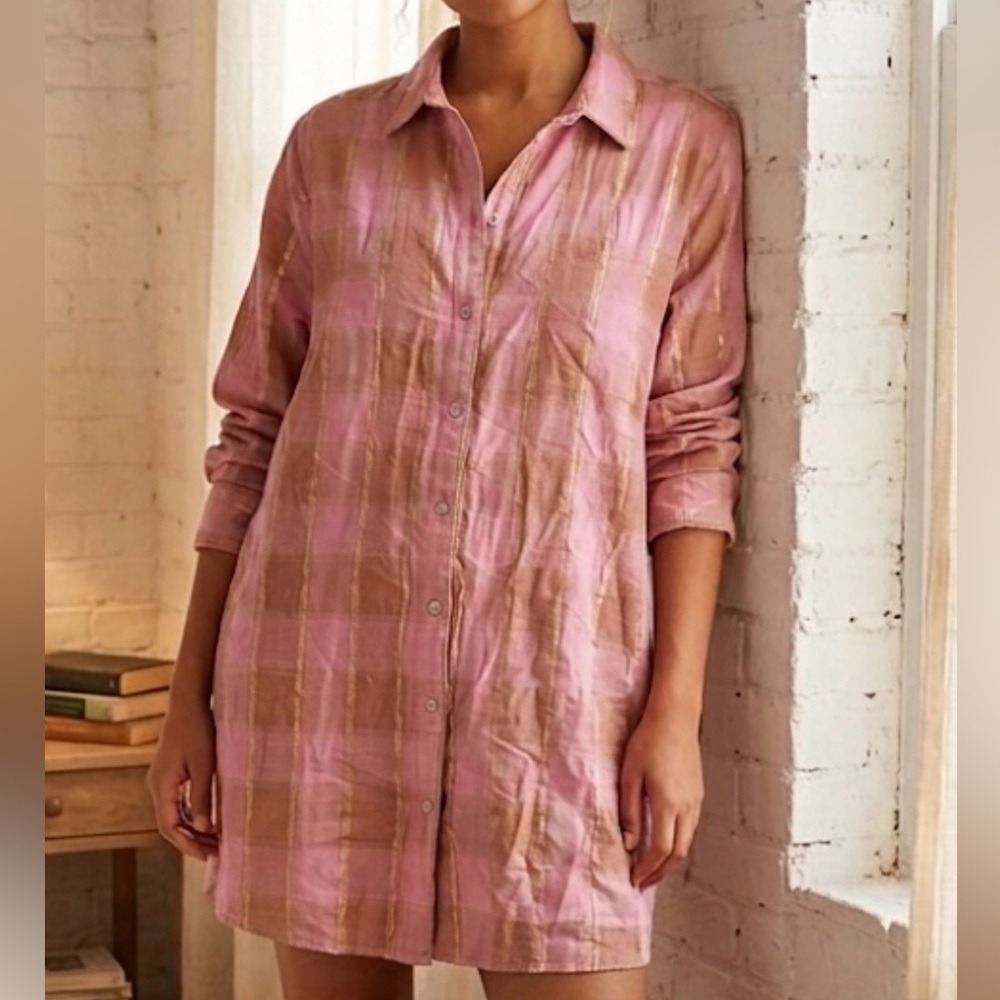 Victorias Secret Pink Plaid Gold Lurex Lace Trim Nightshirt Large 401215-M8R